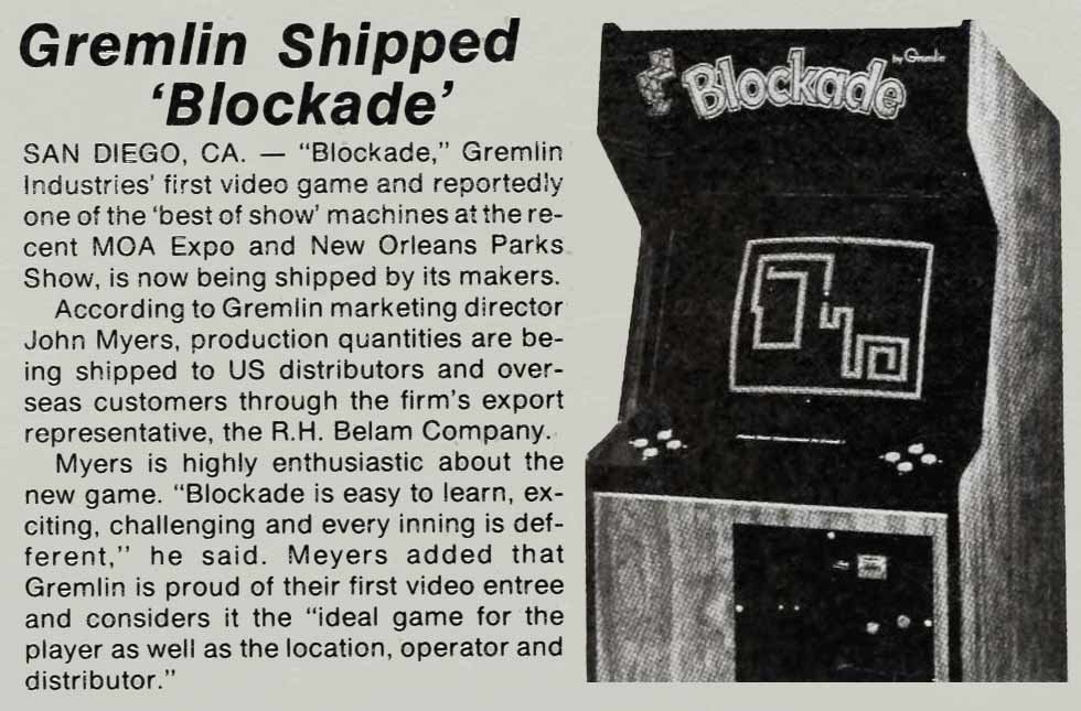 A 1976 newspaper article announces the shipment of the Blockade Snake game by Gremlin Industries